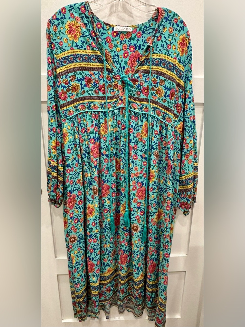 Turquoise Floral Maxi Dress with Tie Neck
